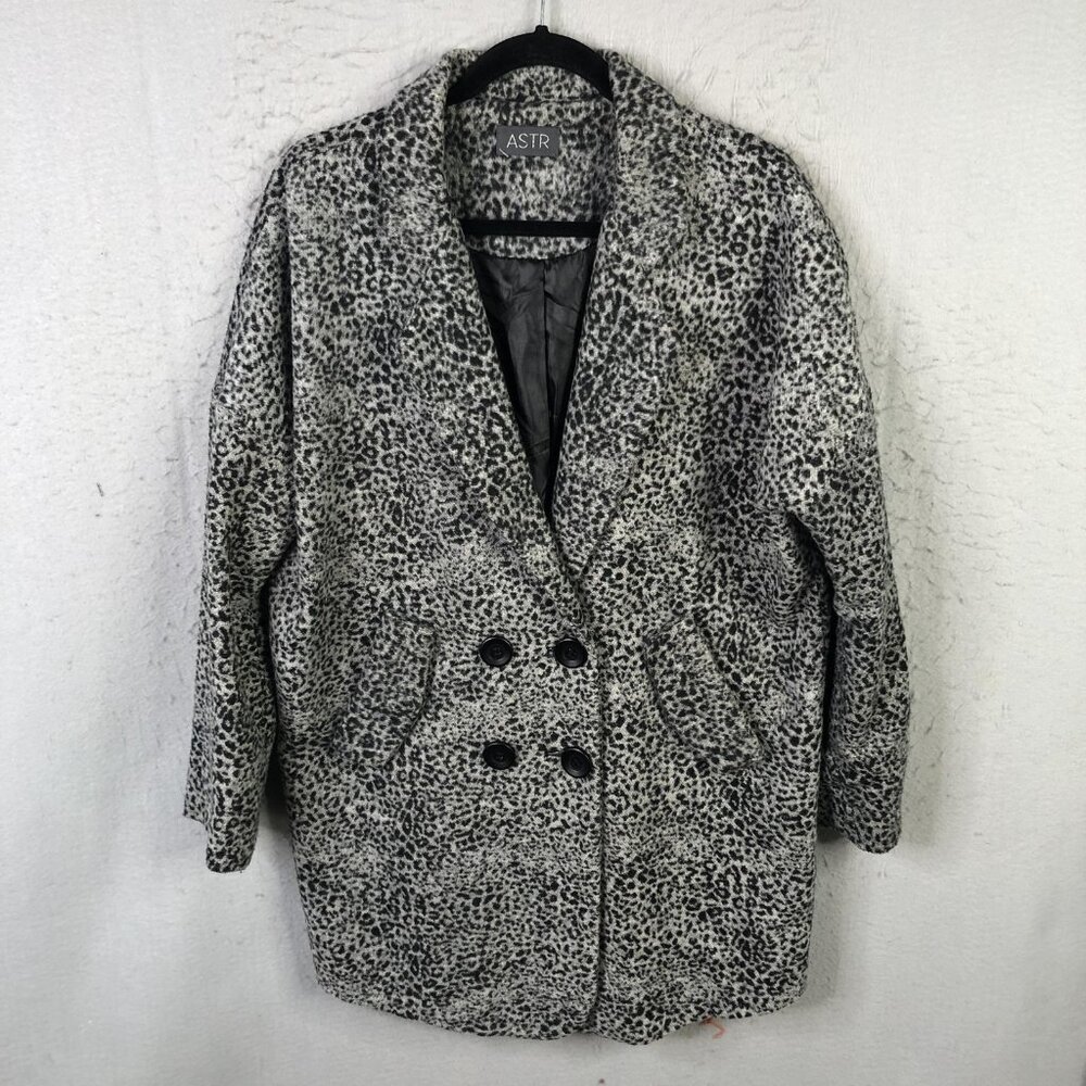 ASTR Coat Womens Medium Gray Black Leopard Print Double Breasted Old Money
